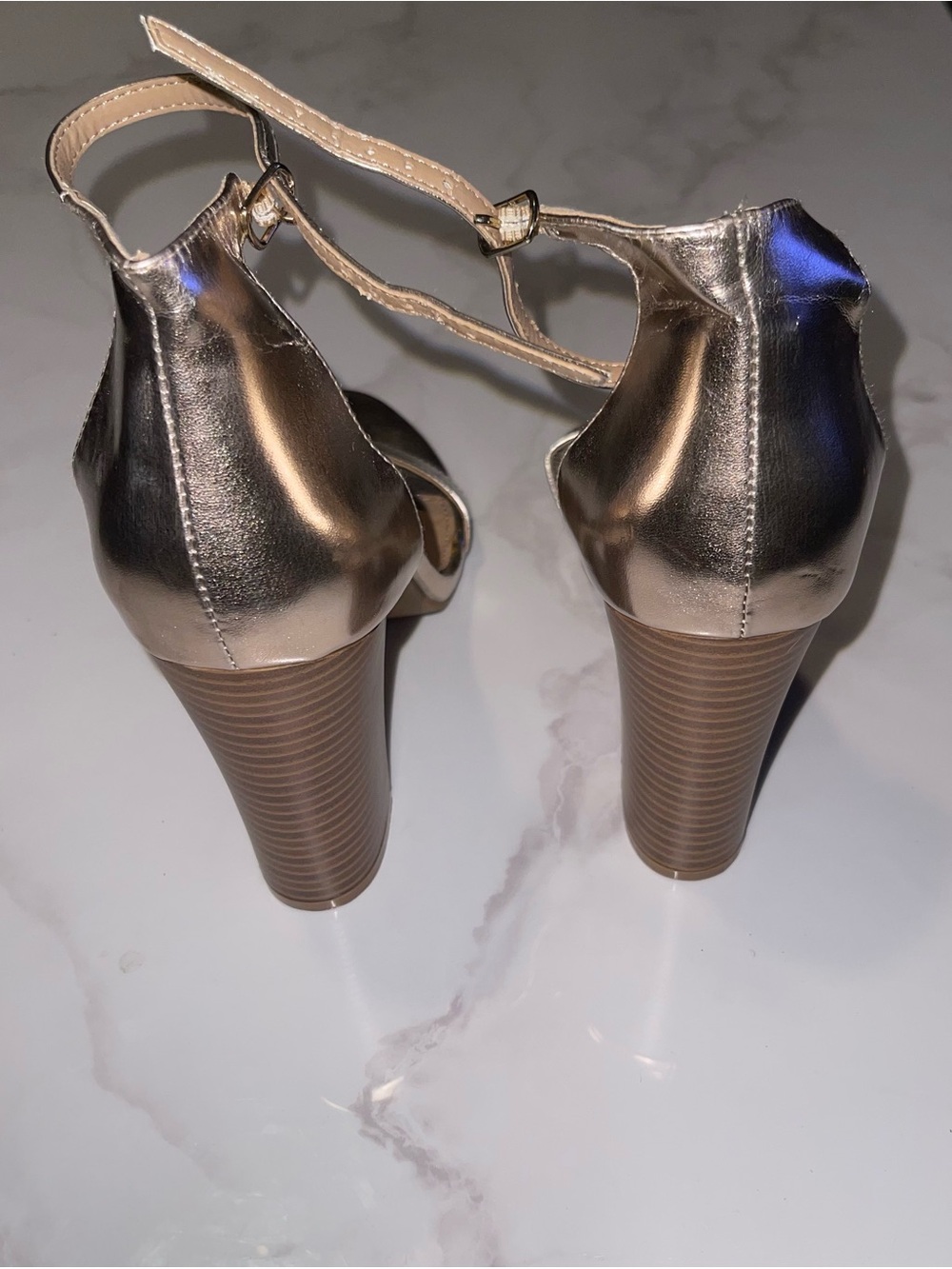 Charlotte Russe Rose Gold Chunky Heel Sandals with Ankle Strap